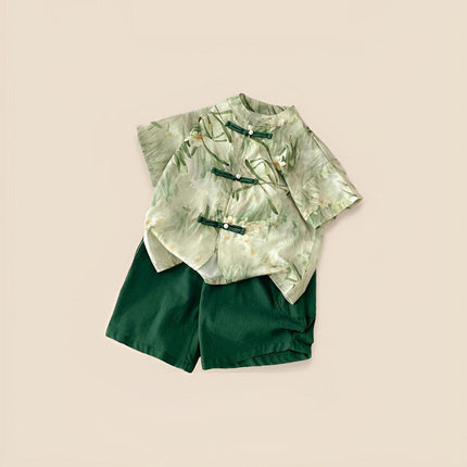 Summer Chinese-style Boys Green Short-Sleeved Shirt Short Pant Two-Piece Thin