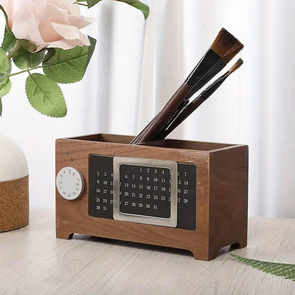 Black Walnut Wood Perpetual Calendar Pen Holder Desktop Organizer Office Storage