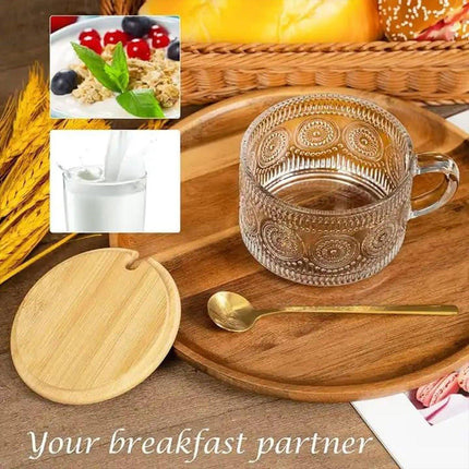 4PCS Vintage 14oz Embossed Glass Coffee Cups with Bamboo Lid and Spoon for Tea Milk