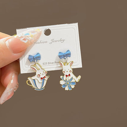 Cartoon Rabbit Earrings with Blue Bow Irregular Shape Cute Fashion Jewelry