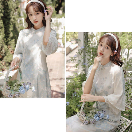 Improved Chinese Style Cheongsam Dress for Women with Inverted Big Sleeves