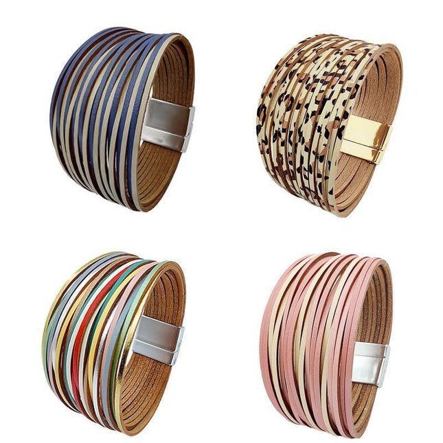 Multiple Gradient Leather Wristband Bracelet Bangle Magnetic Clasp Bracelet - Aimall