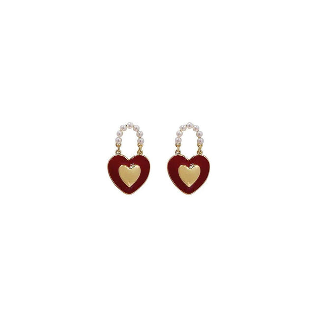 Burgundy Heart Pearl Stud Earrings Fashion Jewelry Elegant Women Accessories