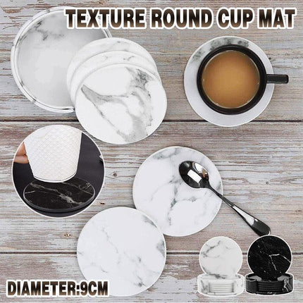 6x Coasters with Holder Marble Texture Round Cup Mat Pad Set For Drinks - Aimall