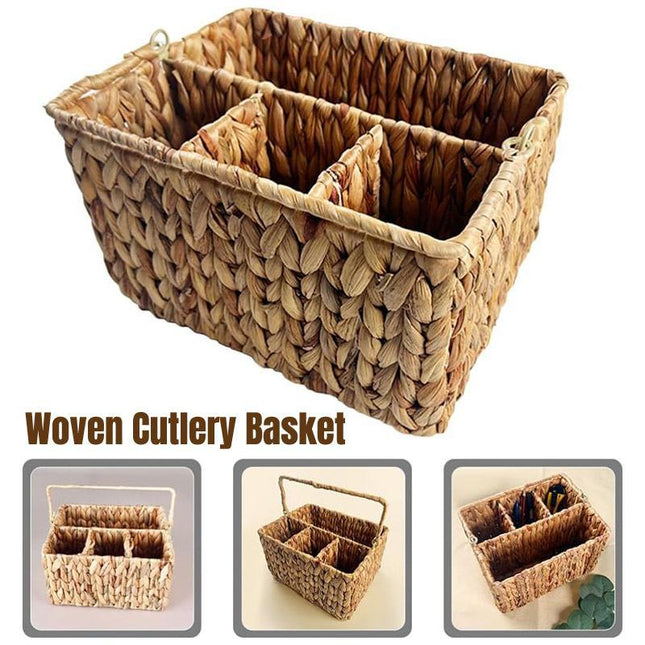 Straw Woven Tote Basket Storage for Snacks Fruit Cutlery Organizer Home Decor