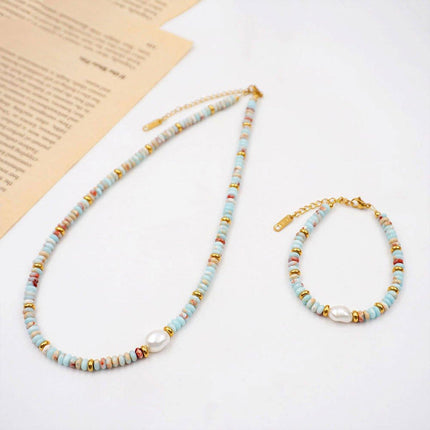 Vintage Ocean Style Blue Beaded Necklace Artsy Resort Fashion Jewelry