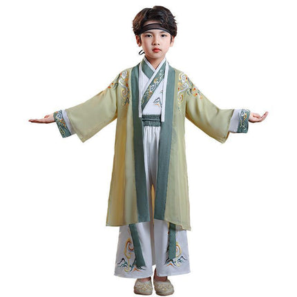 Kids Boys Hanfu Suit Top and Pants Embroidered Lace Up Bag Tassel Chinese Style - Aimall