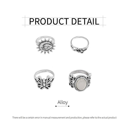 4pcs Butterfly Gem Ring Set Retro Sun Relief Rings Women Fashion Jewelry