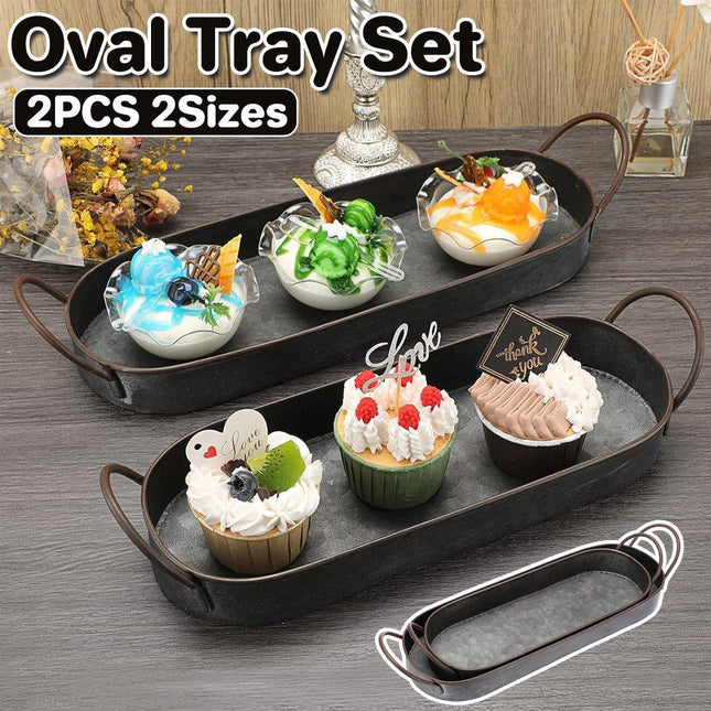 2Pcs Metal Galvanized Tray Metal Decor Chic Farmhouse Tray Centerpiece Oval Tray