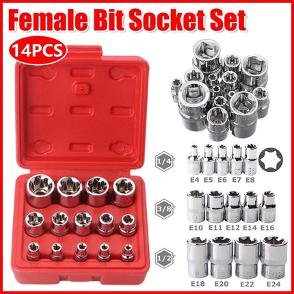 14x E Torx Socket Set Female Start Bit External Hex Torque E4-E24