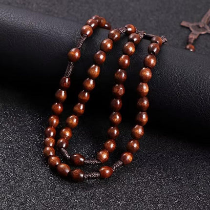 1PC Wooden Rosary Beads Necklace Christian Cross Catholic Rosary Beads - Aimall