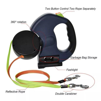 Retractable Lead Leash 360 Swivel Dual Doggie One-to-Two Traction Rope Pet Dog