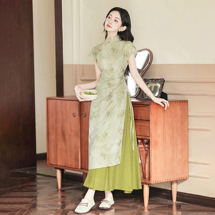 New Chinese Style Green Cheongsam Dress Daily Wear Modern Improved Dresses