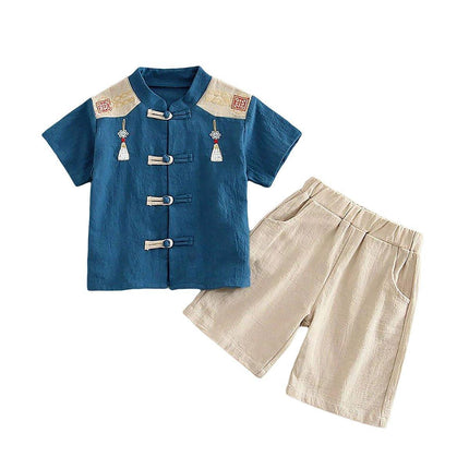 Boys Short Sleeve Suit Chinese Style Hanfu Cotton Linen Thin Two-Piece Set