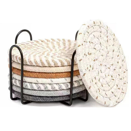 8PCS Round Cotton Woven Coaster Heat Resistant Thick Insulation Dining Table Mat
