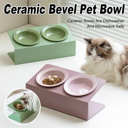 Ceramic Slanted Double Pet Bowl Cat Dog Food Water Bowl Non-Slip Feeding Dish