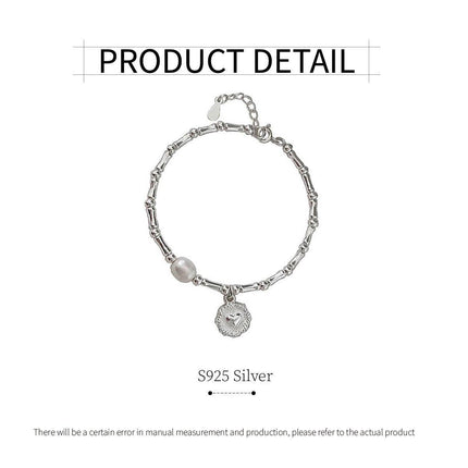 S925 Silver Handmade Bamboo Link Heart and Pearl Pendant Bracelet INS Style Jewelry