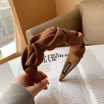 Women Fashionable Vintage Ruffled Wide Edge Solid Colour Hair Band Hoop Headband - Aimall
