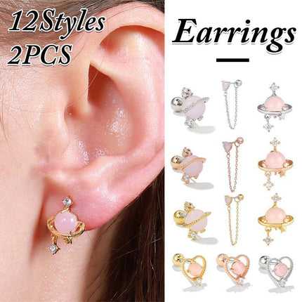 Pink Tone Minimalist Tiny Moon Star Heart Earrings Ear Bone Stud Women Jewelry - Aimall