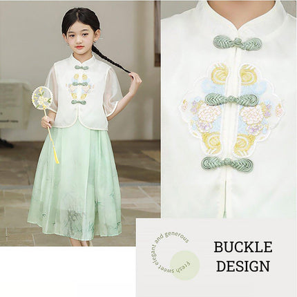 Traditional Chinese Style Girls Hanfu Vest Cardigan and Skirt Set for Costume