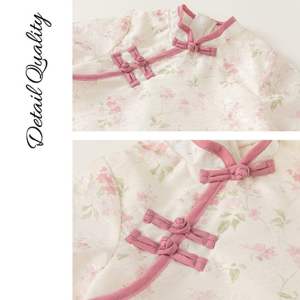 New Chinese Hanfu Girls Floral Two-Piece Pink Cheongsam Half-Skirt Outfit