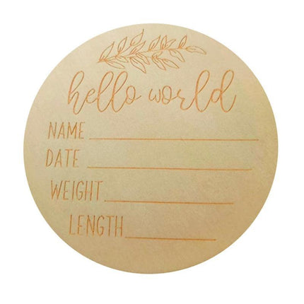 Hello World Baby Birth Announcement Plaque Wooden Disc Introducing Name Card Aimall
