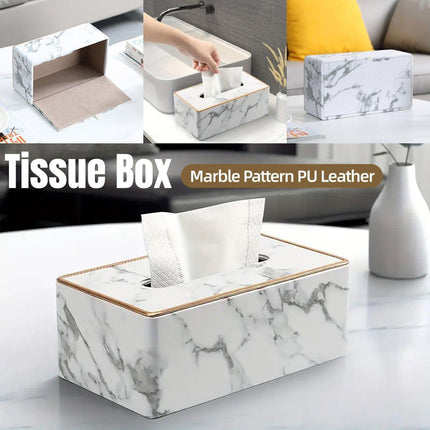 Rectangular Marble PU Leather Tissue Box Cover Napkin Holder Towel Dish Desktop