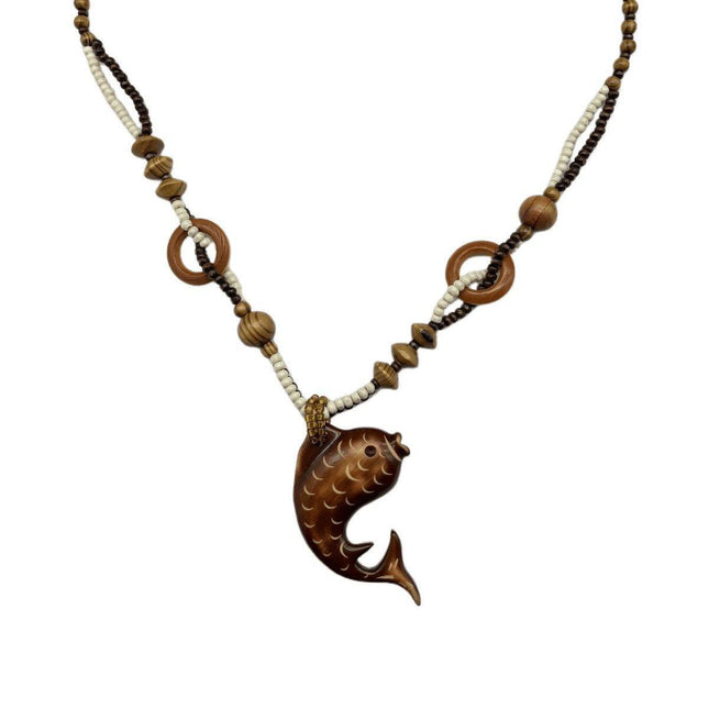 Long Wood Necklace with Fish Pendant Unique Fashion Jewelry Ornament