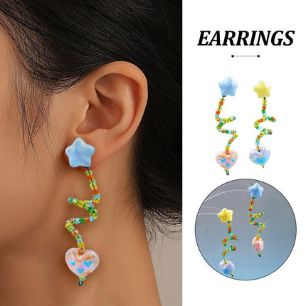 Colourful Beaded Resin Love Earrings Asymmetrical Cloud Drop Long Dangle Jewelry