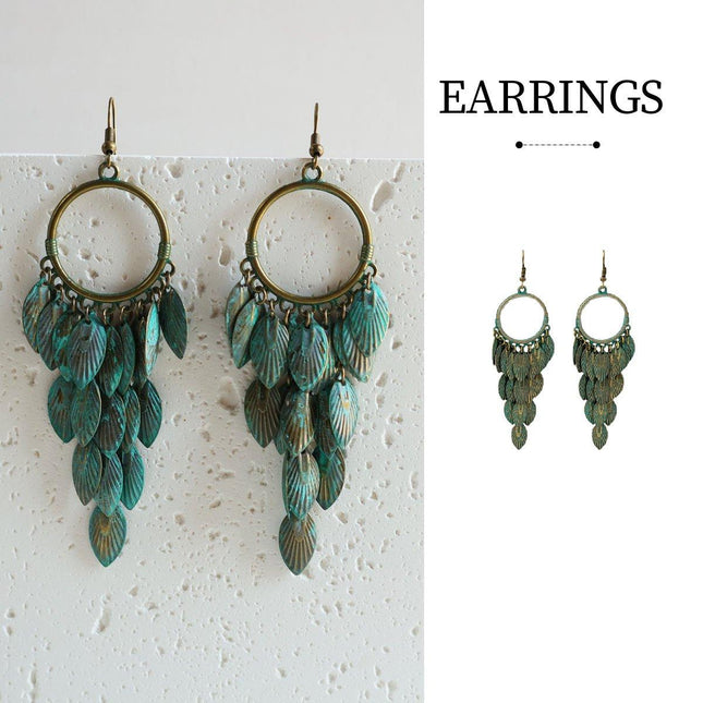 Green Bohemian Feather Tassel Earrings Ethnic Jewelry Women Fashion Accessory