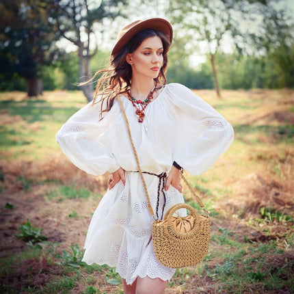 Half Round Woven Beach Bag Holiday Handbag Summer Tote for Travel and Shopping