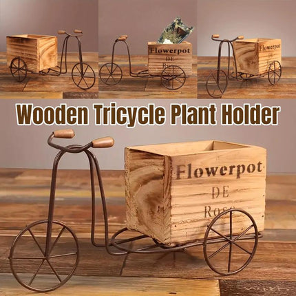 Retro Iron Bicycle Ornament with Wooden Flower Pot Green Plant Holder Decor