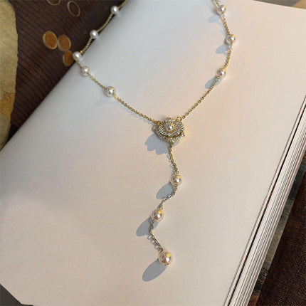 Gold Flower Pearl Tassel Necklace Elegant Temperament Jewelry Gift for Women