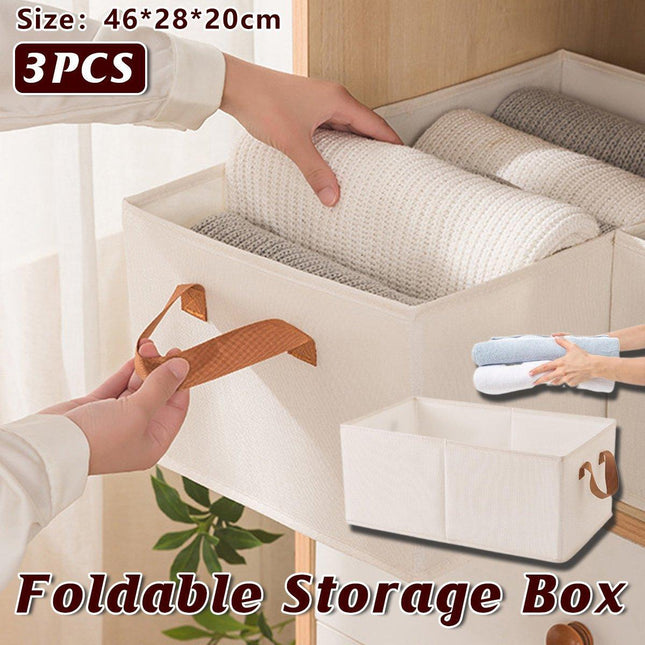 3PCS Cotton Linen Storage Box Set Foldable Washable Bedroom Wardrobe Organizer