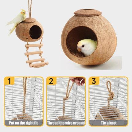 Natural Coconut Bird Nest Cage Pet Parrot Parakeet Safe Hut Feeder Shell Home - Aimall