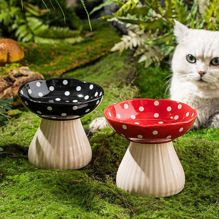 Pet Elevated Mushroom Bowl Ceramic Cat Dog Bowl Dish Food Feeder Raised Cat Bowl
