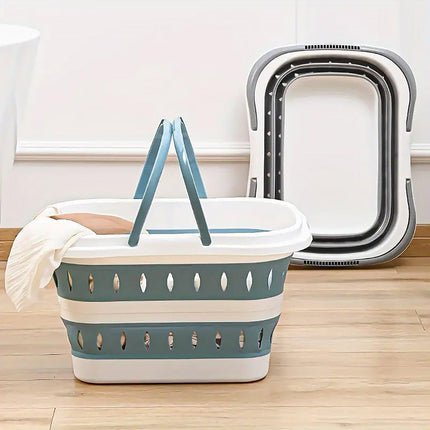 Large Folding Laundry Basket Plastic Dirty Clothes Hamper Blue Bathroom Storage
