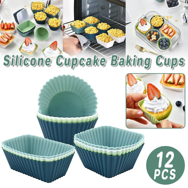 12PCS Silicone Baking Cupcake Muffin Molds Nonstick Square Round Reusable Cake