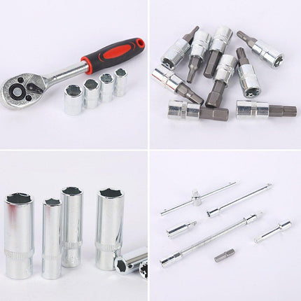 53PCS Metric Deep Socket Set 1/4" Drive Wrench with Flexible Extension Bar Tools