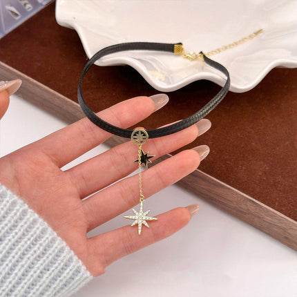 Unique Octagram Star Pendant Leather Rope Necklace Fashion Jewelry for Women