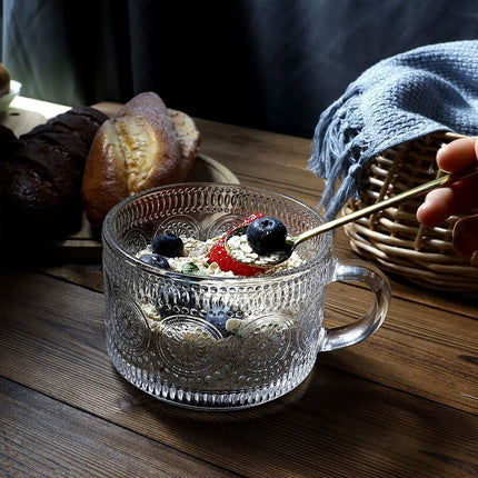 4PCS Vintage 14oz Embossed Glass Coffee Cups with Bamboo Lid and Spoon for Tea Milk