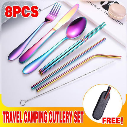 8PCS Portable Stainless Steel Tableware Dinnerware Travel Camping Cutlery Set - Aimall