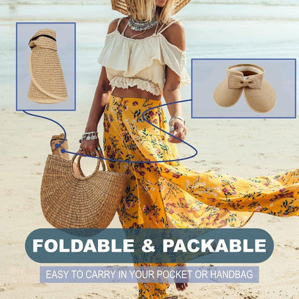 Women Roll Up Sun Visor Wide Brim Straw Hat Summer Foldable UV Protection Cap