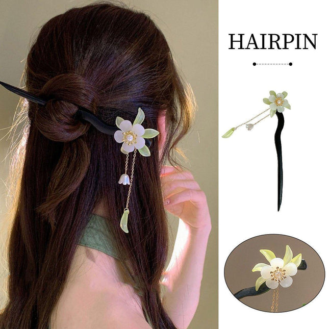 Antique Tassel Hairpin Retro Hanfu Headwear New Chinese Wooden Camellia