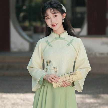 New Chinese Embroidery Green Hanfu Two-Piece Set Autumn Winter Coil Buckle Daily