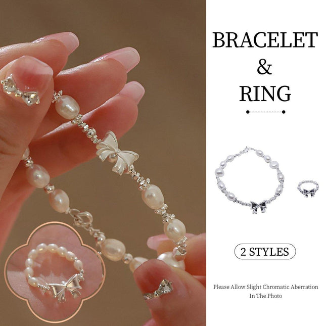 Pearl Ribbon Bracelet Ring Elegant Jewelry for Women Fashion Accessories Gift