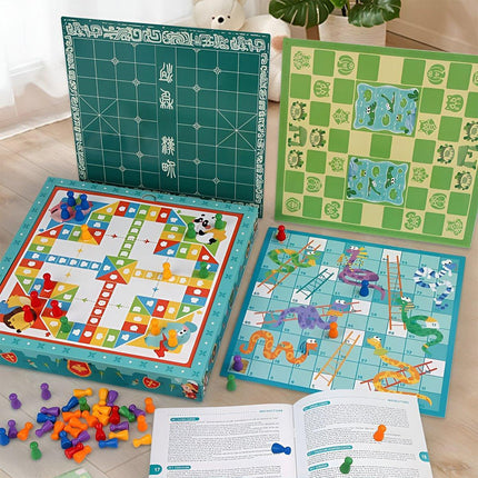 8-in-1 Board Game Set Chess Games Board Toy Backgammon Checkers Snakes Ladders - Aimall