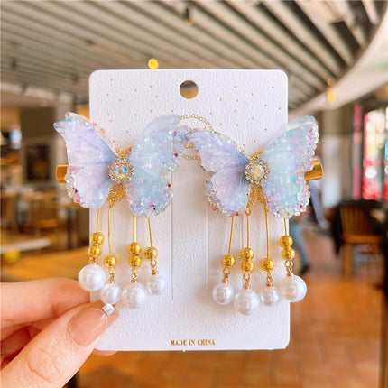 2Pcs Hanfu Flower Hair Clip Pearl Tassel Butterfly Hairpin Female/Children Party - Aimall