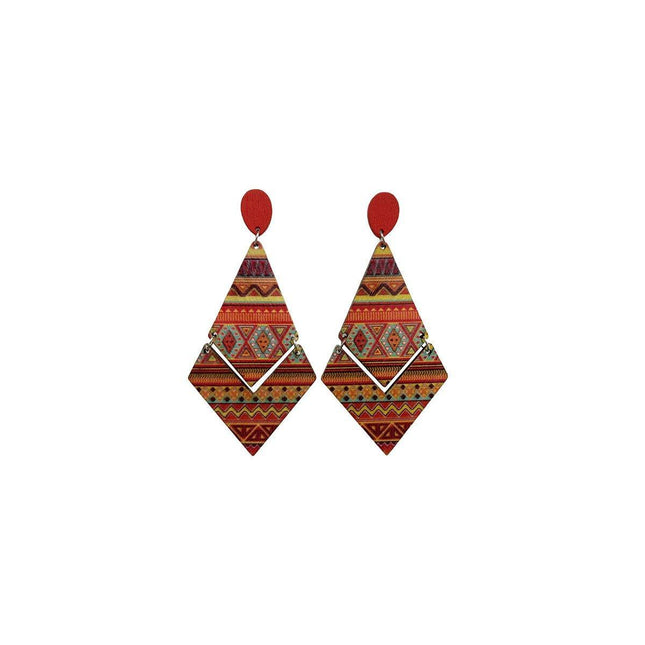 Boho Print Wood Earrings Diamond Shape Drop Dangle Fashion Jewelry for Women