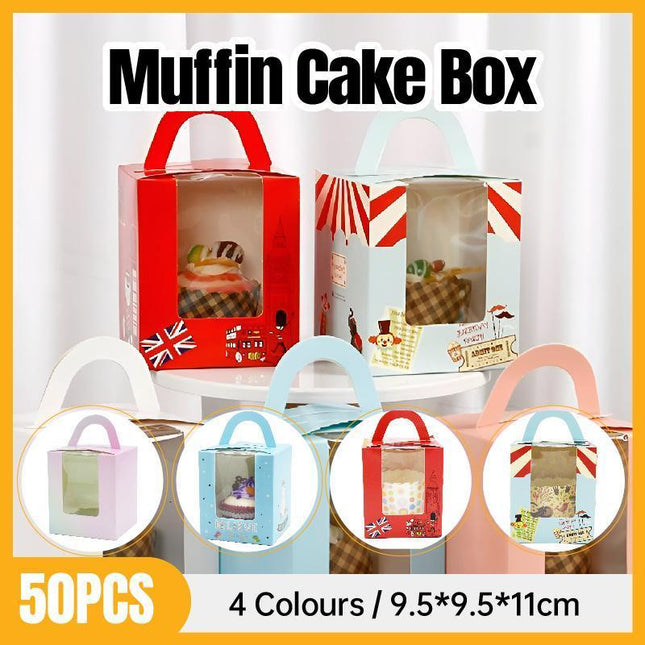 50x Assorted Color Muffin Cake Boxes with Clear Window & Handle High Quality